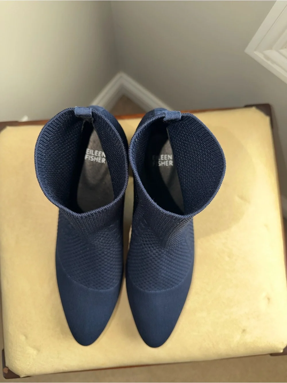 Eileen Fisher Navy Knit Sock Ankle Boots Size 10 Block Heel Pointed Toe Stretch